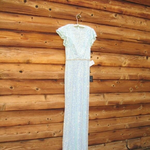 Mac Duggal 26942  Womens SEQUINED HIGH NECK FLUTTER SLEEVE GOWN Dress Blue - Picture 7 of 16